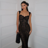 French Sexy Black Lace Transparent Suspender Skirt Women's Travel and Resort Style Slim Slim Dating Dress