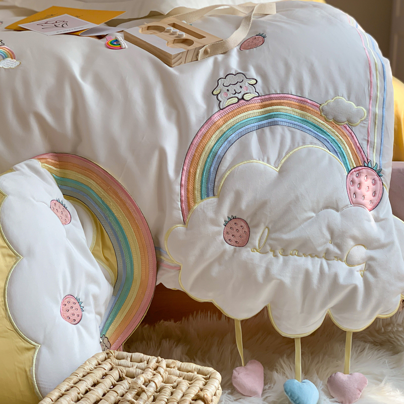 Small fresh 60 long-staple cotton four-piece set Girl heart rainbow embroidery quilt cover cute cotton bedding