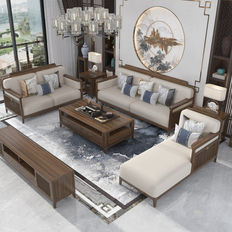 New Chinese style ebony wood sofa national tide simple light luxury leather art solid wood sofa combination villa living room high-end furniture