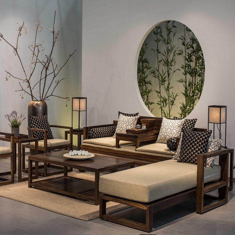 New Chinese style solid wood sofa combination large and small apartment type ebony wood black sandalwood retro fabric villa high-end living room furniture