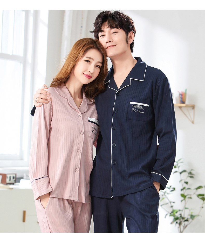Màu xanh lá cây mùa thu mới của cặp đôi đồ ngủ nữ cotton dài tay sọc sọc áo len thường xuyên nhà đồ bộ kiểu mới