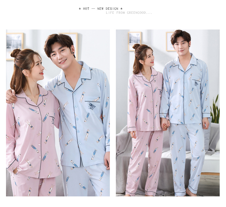Green Jiachun cặp vợ chồng mới đồ ngủ nữ cotton dài tay ve áo cardigan mỏng phần dịch vụ nhà phù hợp với quầy cùng một đoạn những kiểu đồ bộ thun may