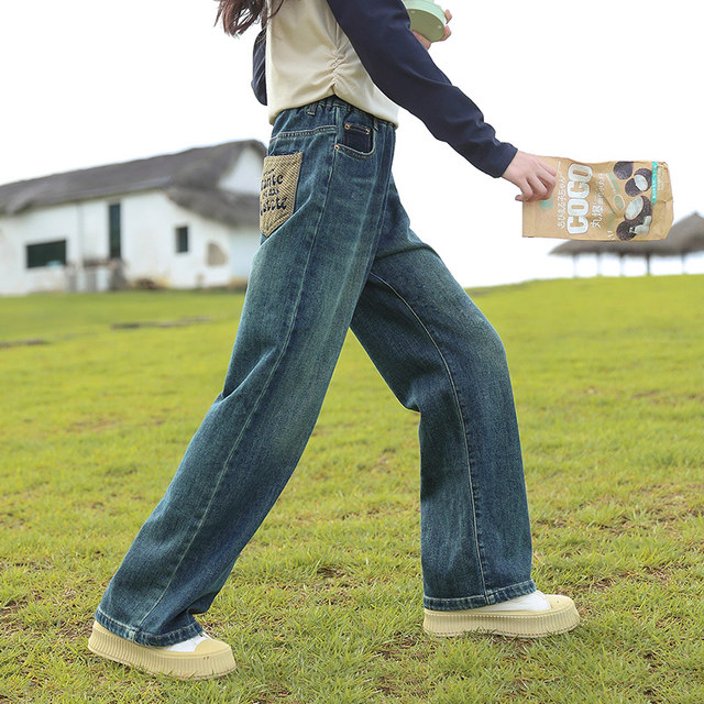 ເດັກຍິງ jeans ພາກຮຽນ spring ແລະດູໃບໄມ້ລົ່ນ 2024 ເຄື່ອງນຸ່ງເດັກນ້ອຍໃຫມ່ພາກຮຽນ spring ເດັກນ້ອຍຂະຫນາດໃຫຍ່ trousers velvet ພາກຮຽນ spring ເດັກຍິງ 'ຊື່ pants