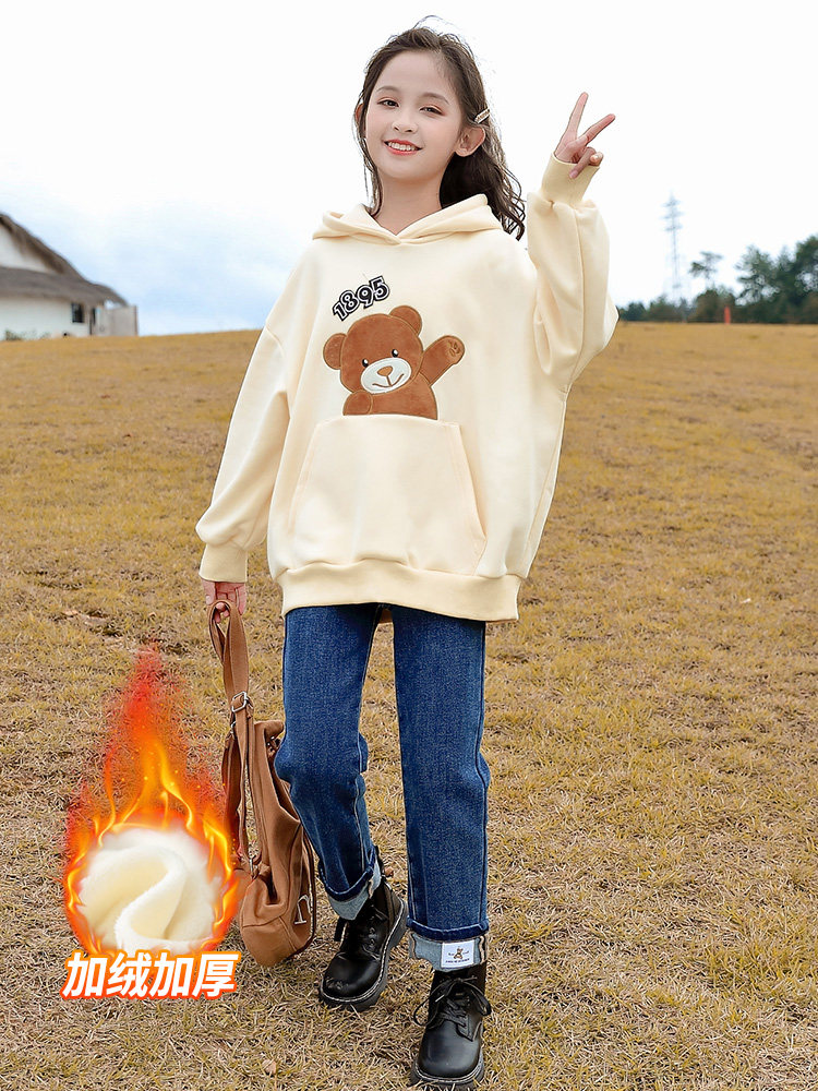 Girls' sweater plus fleece autumn and winter 2021 new children's clothing medium and large children's foreign style hooded girl thickened casual top