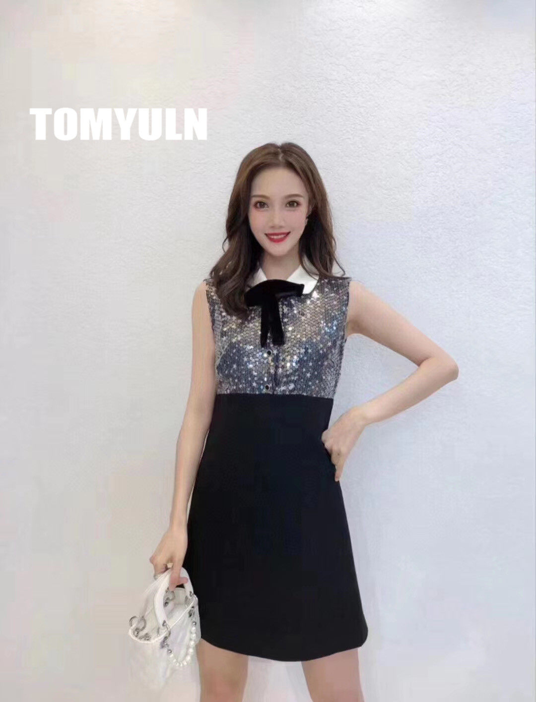 TOMYULN2020 new sleeveless stitching slim doll collar elegant temperament ladies silk dress