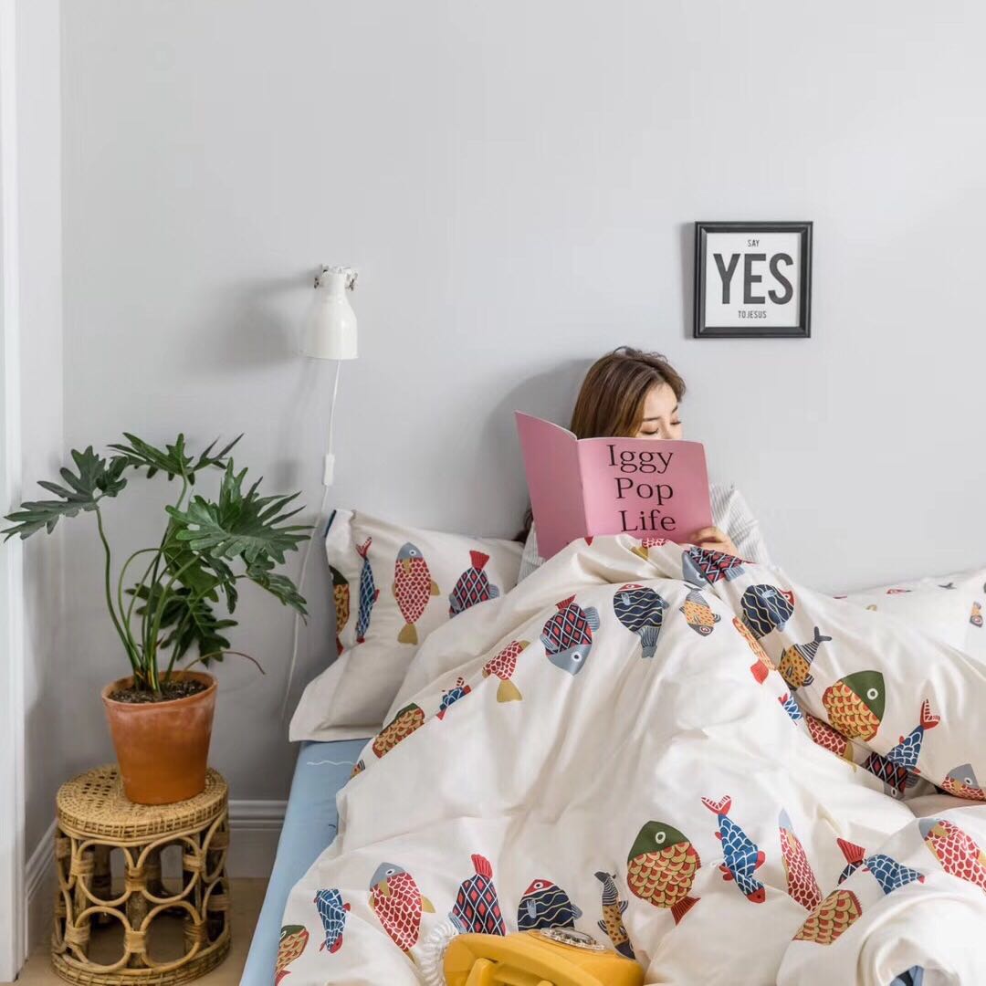 Nhật koi bông gia đình trải giường bốn máy bay phản lực bông chăn Được trang bị giường và bữa sáng văn học phần tấm 1.8m2.0m - Bộ đồ giường bốn mảnh chăn ga gối everon 2020