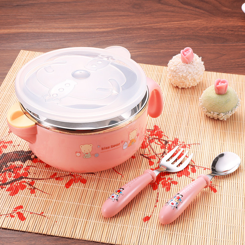 Baby Water Injection Insulation Bowl Children Cutlery Sets Stainless Steel Anti-Fall Suction Cup Bowl Baby Coveting Bowl Fruit Puree Soft Tablespoon