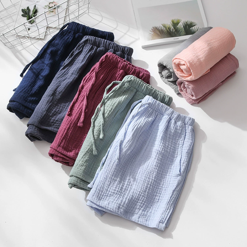 Cotton crepe vài chiếc quần short mùa hè mỏng phần nam và nữ đơn giản quần ở nhà đơn giản đã giặt quần đi biển cotton quần pyjama cộng với kích thước - Quần tây