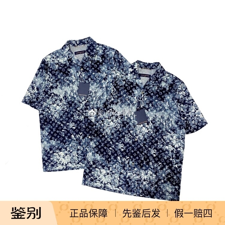 Louis Vuitton Lv Floral Denim All-Over Logo Short-Sleeve Shirt with Tapestry Pattern