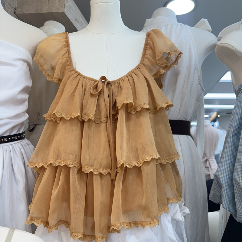 Sasager Sweet Square-Neck Lace-Up Ruffled Small Flutter-Sleeve Shirt for Women 2026 Summer Cake Chiffon Lace Top
