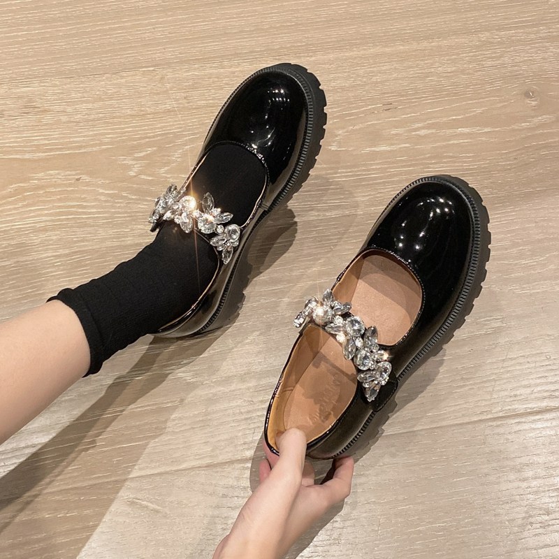Rhinestone Mary Jane shoes 2023 autumn new all-match Japanese leather single shoes British style thick bottom jk small leather shoes for women