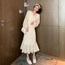 2020 winter size womens new high waist slim long temperament fat mm foreign style super fairy padded dress