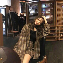 Fat sister spring set 2020 large size womens new fat mm belly belly skin plaid shorts two-piece