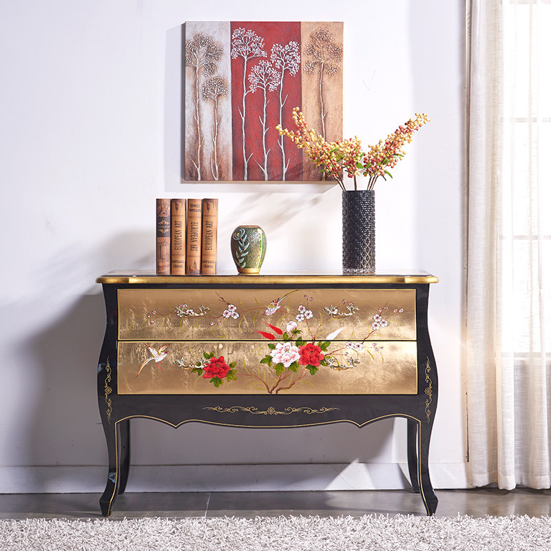 American retro painted two-drawer cabinet entrance cabinet living room solid wood new Chinese gold leaf dining cabinet locker