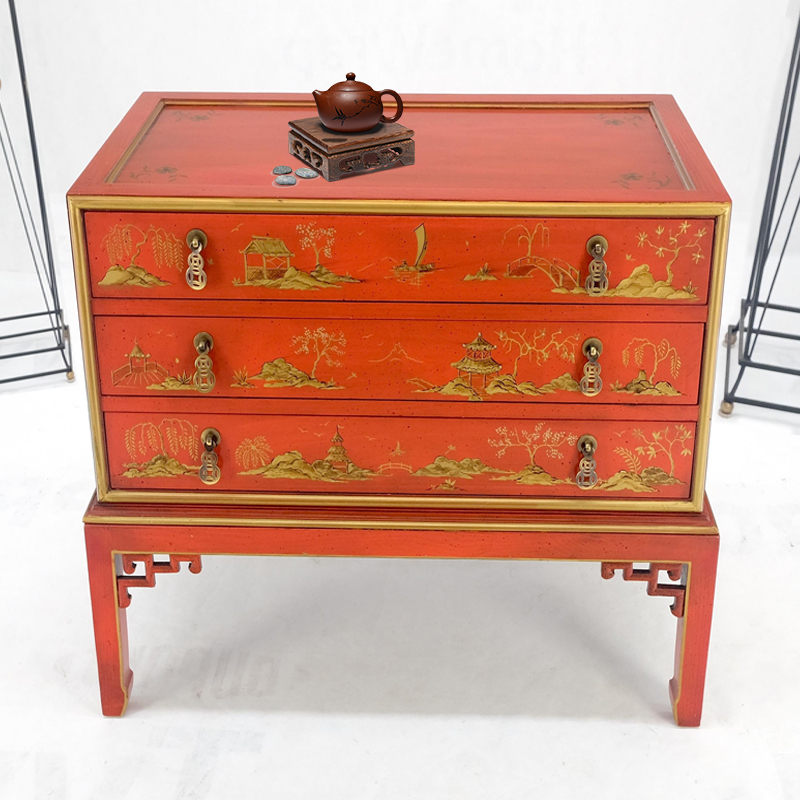 French-Style Chinese-Inspired Painted Entryway Cabinet with Multiple Drawers, Three-Drawer Cabinet, Solid Wood Home Bedroom Bedside Cabinet