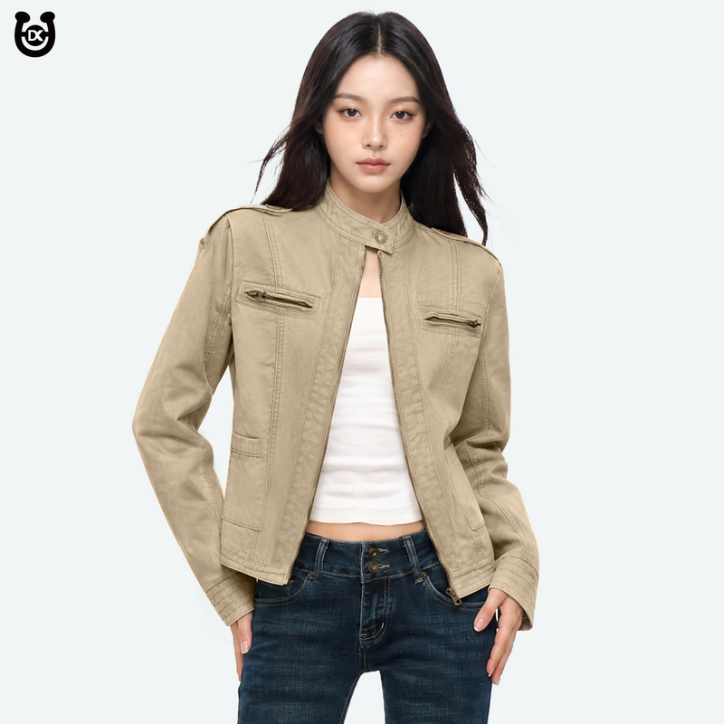Dksysq Stand Collar Regular Shoulder Denim Jacket for Women 2026 Autumn New American Style Vintage Loose Slimming Jacket Top