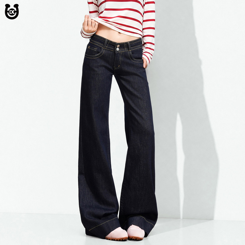 Dksysq Original Color Low-Waist Flared Jeans for Women, New Dark Blue Petite Straight-Leg Denim Blue Bell-Bottom Pants Dksysq Original Color Low-Waist Flared Jeans for Women, New Dark Blue Petite Straight-Leg Denim Blue Bell-Bottom Pants