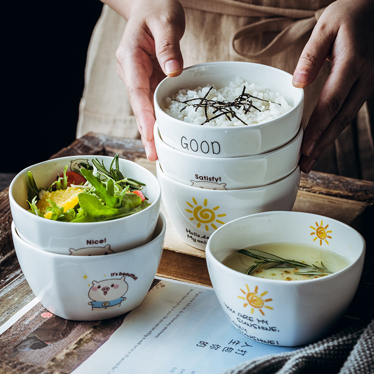 Ceramic creative home eat rice bowl 4.5 inch bowl of salad bowl ins cartoon express little soup bowl spoon, 1