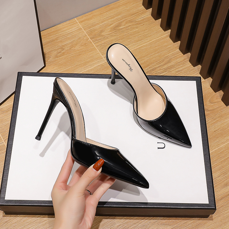 Genuine Leather Women's Slippers, High Heels, Pointed Toe, Black, Nightclub, Stiletto, Ultra-High Heel, Genuine Leather, Size 33, Open Back, Sexy, Closed-Toe Sandals