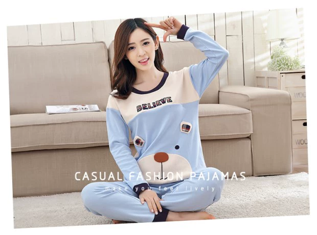 Bộ đồ ngủ nữ mùa thu dài tay Cotton mùa thu