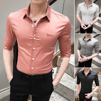 Rich bird business mens short-sleeved summer new Korean slim-fitting fashion trend three-point sleeve shirt silk embroidery