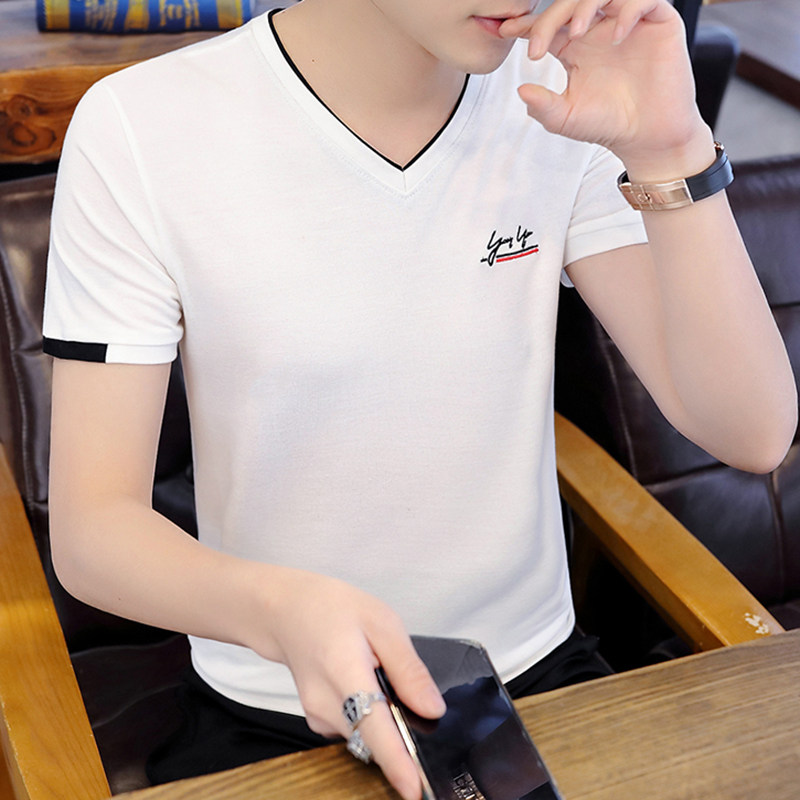 Rich bird summer ice silk V-neck white short-sleeved T-shirt slim men's half-sleeve personality handsome men breathable simple summer clothes