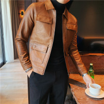 Rich bird leather clothing men autumn and winter slim Korean version of the trend handsome fashion Brown motorcycle leather jacket men