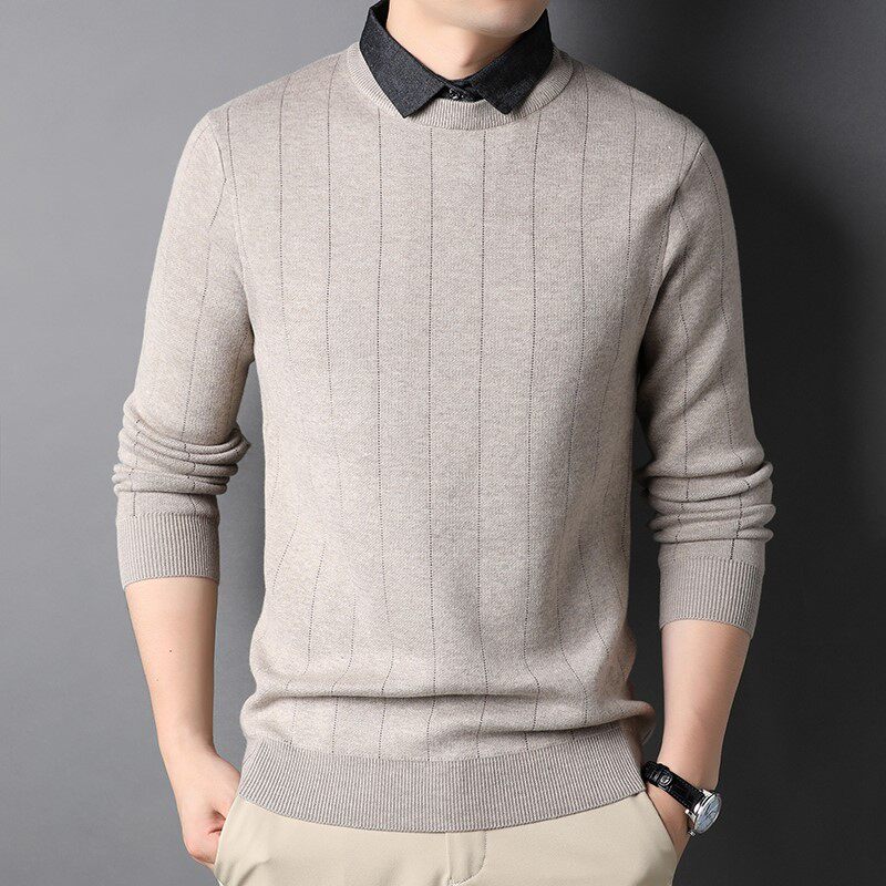 Fugui bird men's fake two sweater shirts collar Spring fall round collar loose blouses Business long sleeves Knitted Sweatshirt