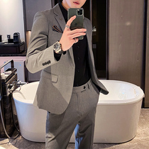 Casual suit suit suit men Korean fashion slim light gray stripe business dress groom small suit three-piece set