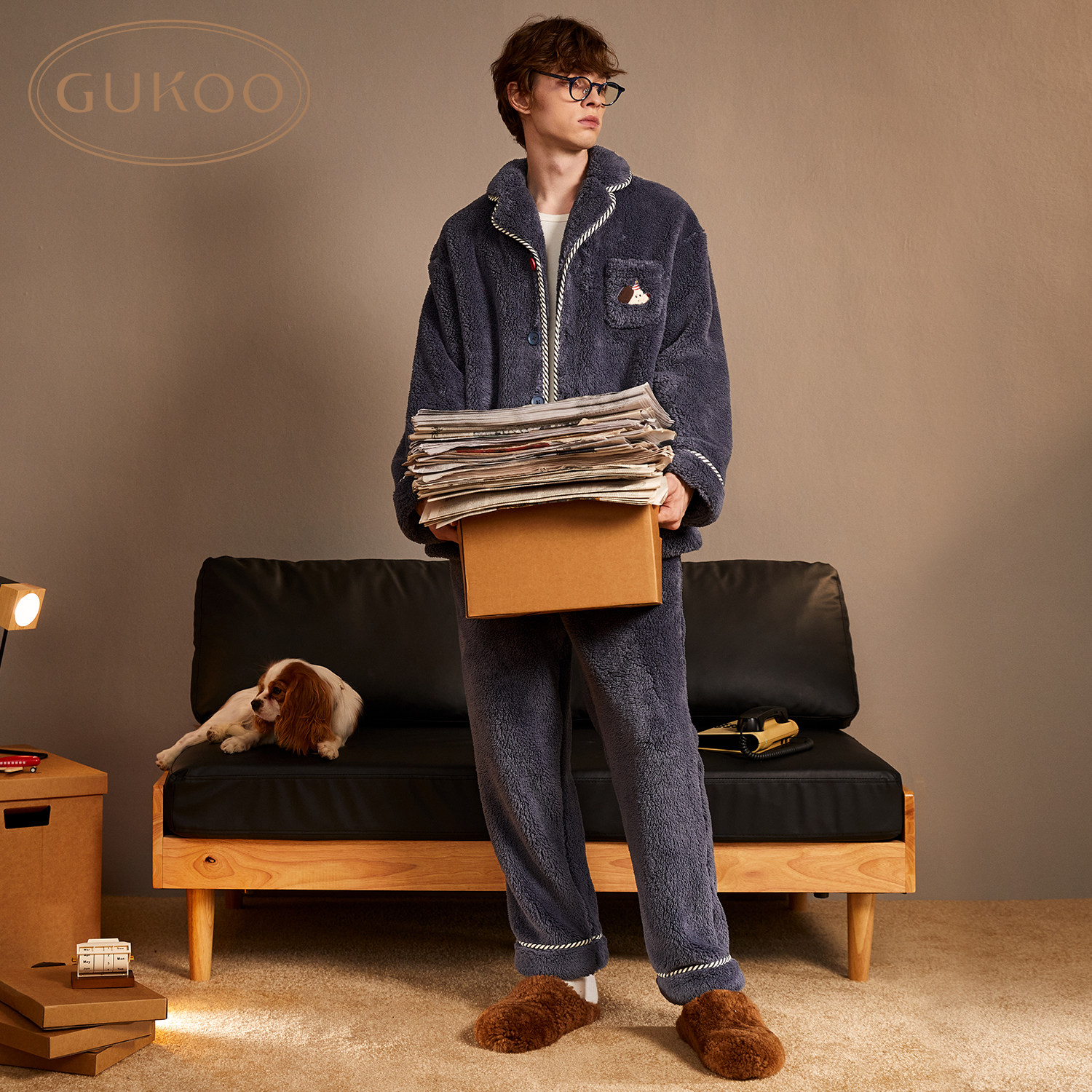 Gukoo/果壳睡衣男冬季派对小狗新款毛绒保暖简约男士家居服套装D