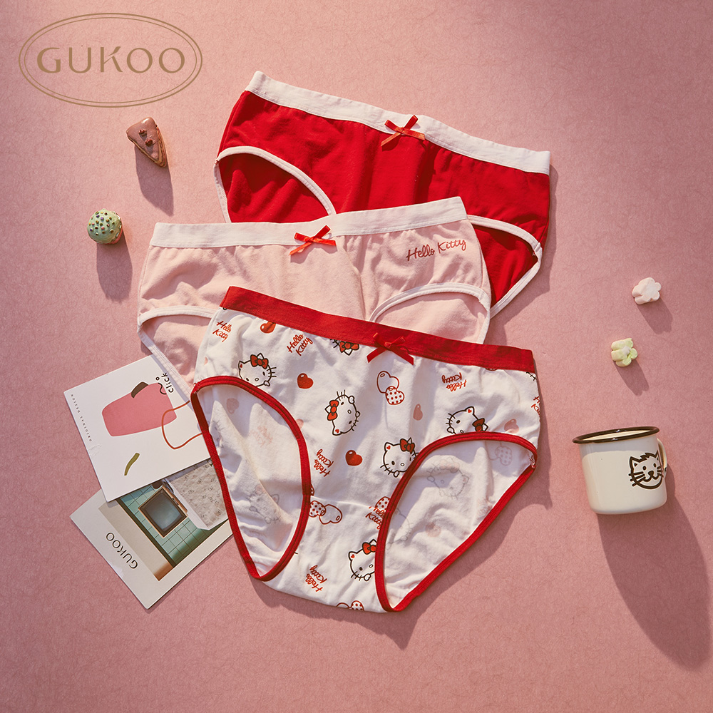 Red KittyGukoo / Fruit shell underpants female Hello Kitty Joint fund 3 Strip packing Cotton crotch girl underpants Briefs