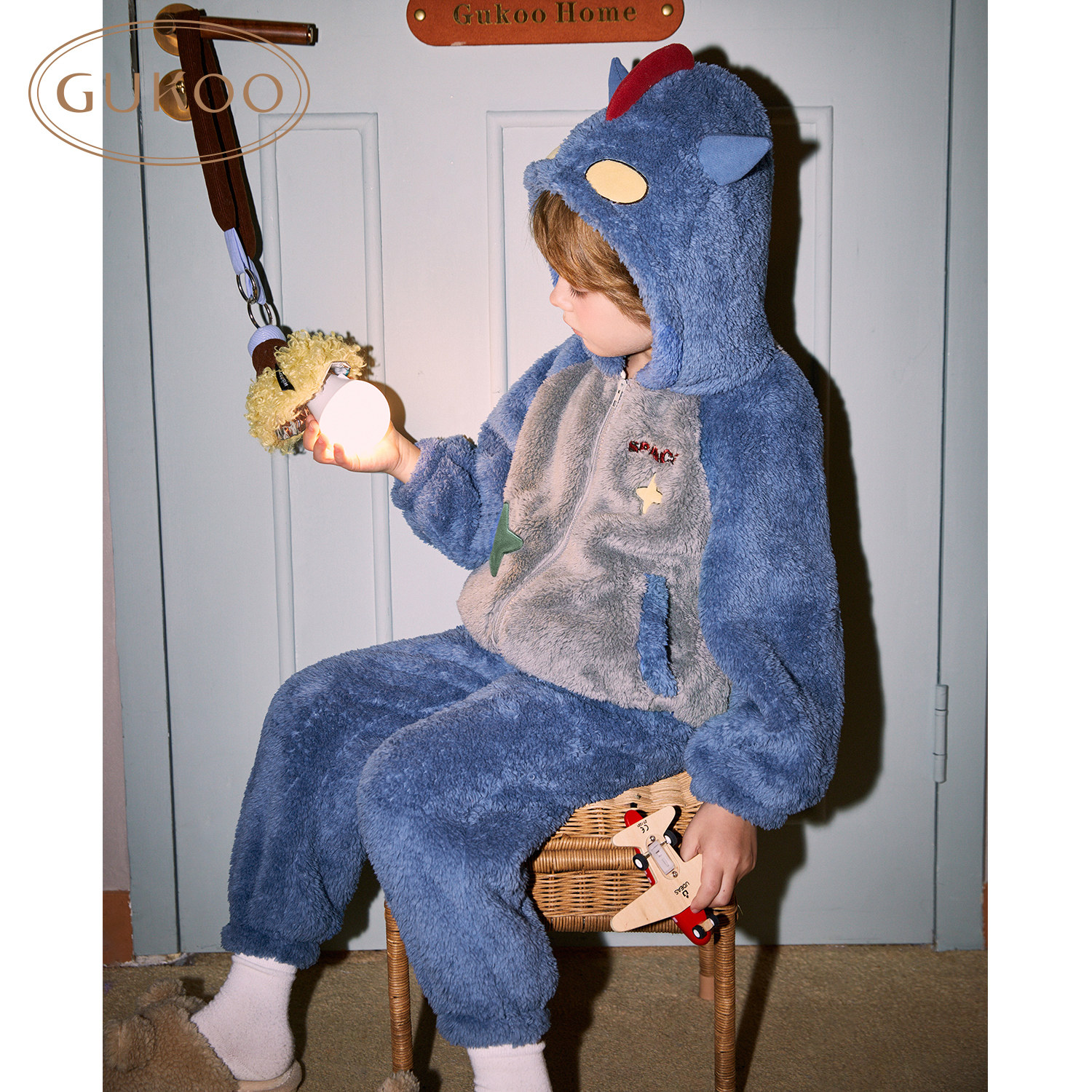 Gukoo/果壳睡衣男童冬季卡通新款珊瑚绒保暖儿童家居服套装D