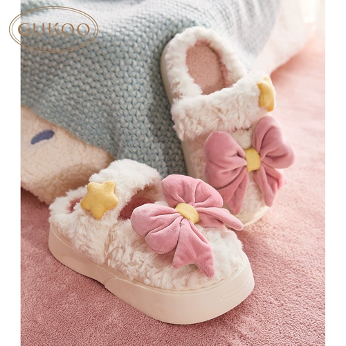 Тапочки, зимняя флисовая нескользящая обувь с бантиком на платформе