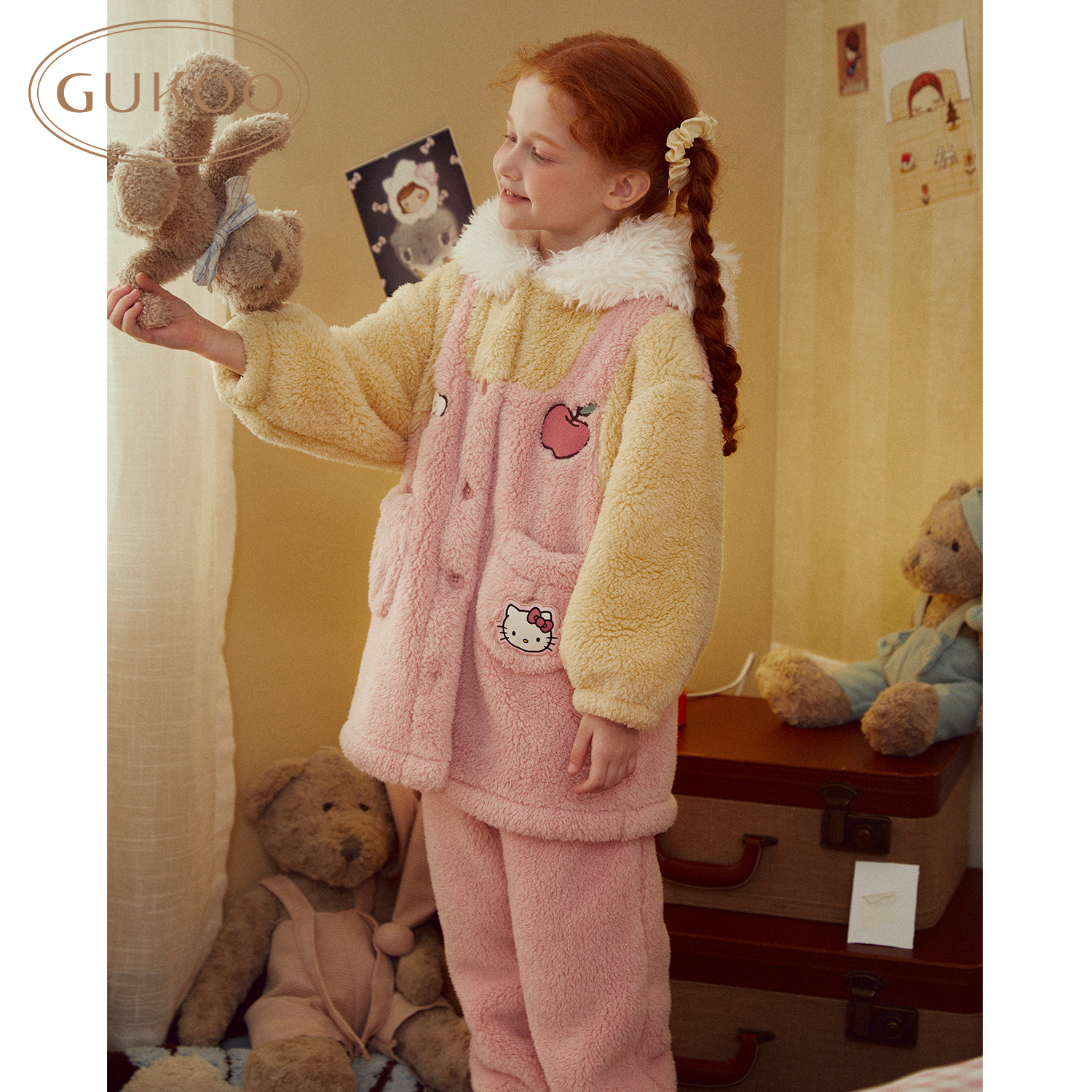 Gukoo/果壳睡衣冬季HelloKitty联名新款毛绒保暖女童家居套装D
