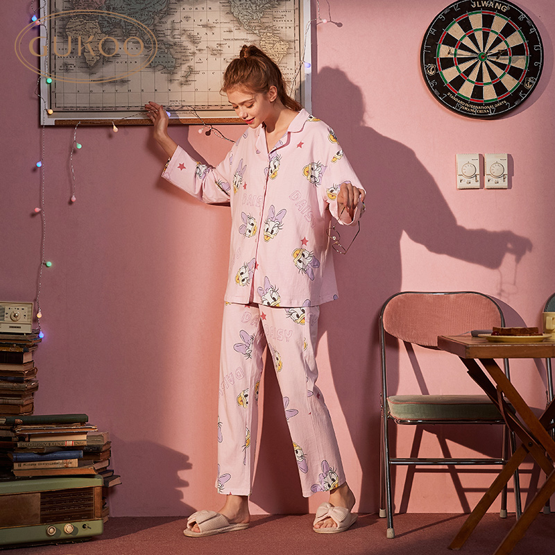 Gukoo/fruit shell disney pajamas female spring and autumn ladies full print pajamas set cartoon can wear home clothes