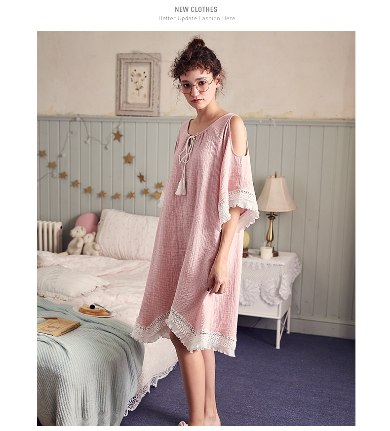 Gukoo trấu mùa xuân và mùa hè cotton ngọt nightdress nữ giản dị dịch vụ nhà mùa xuân và mùa hè cotton sexy đồ ngủ nightdress mùa hè