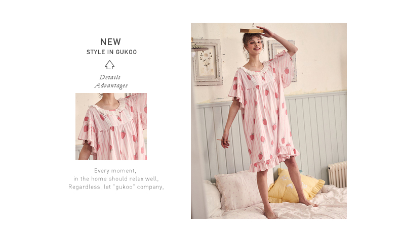 Gukoo trấu mùa xuân và mùa hè nightdress đồ ngủ nữ mùa hè bông ngọt dễ thương nightdress dịch vụ nhà có thể được đeo