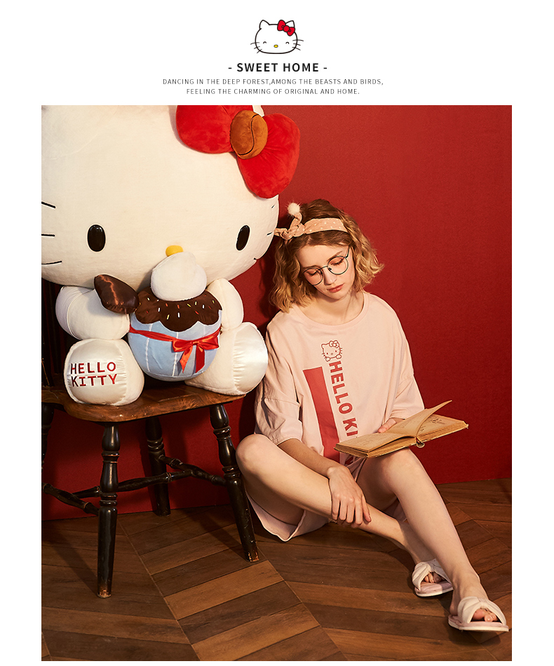 Gukoo trấu chính hãng HelloKitty đồ ngủ phụ nữ mùa hè đơn giản phù hợp với tay áo ngắn có thể được đeo bên ngoài dịch vụ nhà phụ nữ