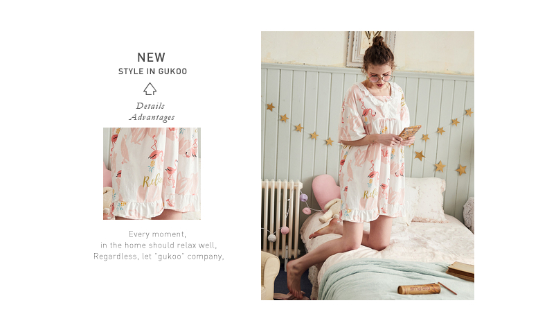 Gukoo trấu mùa xuân và mùa hè nightdress ngắn tay đồ ngủ váy cotton nightdress nữ mùa hè ngọt ngào đồ ngủ dịch vụ nhà mùa xuân và mùa thu