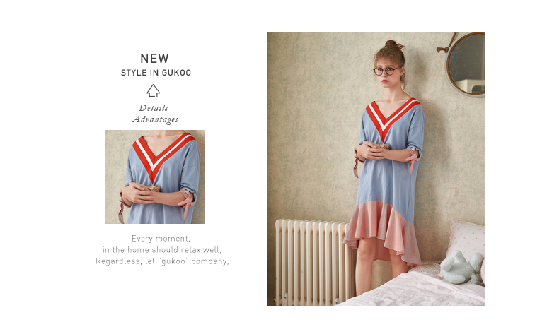 Gukoo / vỏ trái cây mùa xuân và mùa hè nightdress nhà v cổ áo ngủ pyjama váy khâu váy ngủ mùa hè ngọt ngào đồ ngủ phụ nữ đầm nhung đẹp