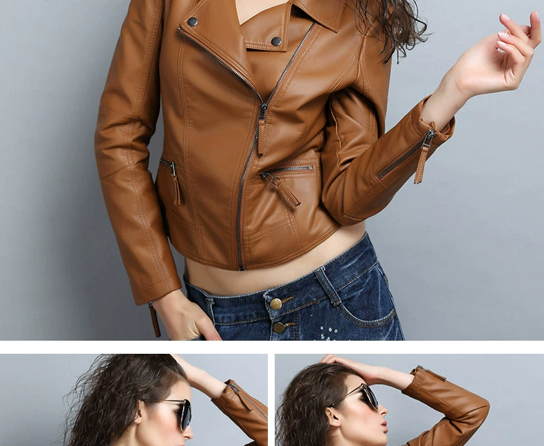 2018 mới mùa xuân và mùa thu pu leather phụ nữ ngắn slim jacket đầu máy ladies slim leather jacket hoang dã Hàn Quốc phiên bản áo bomber da