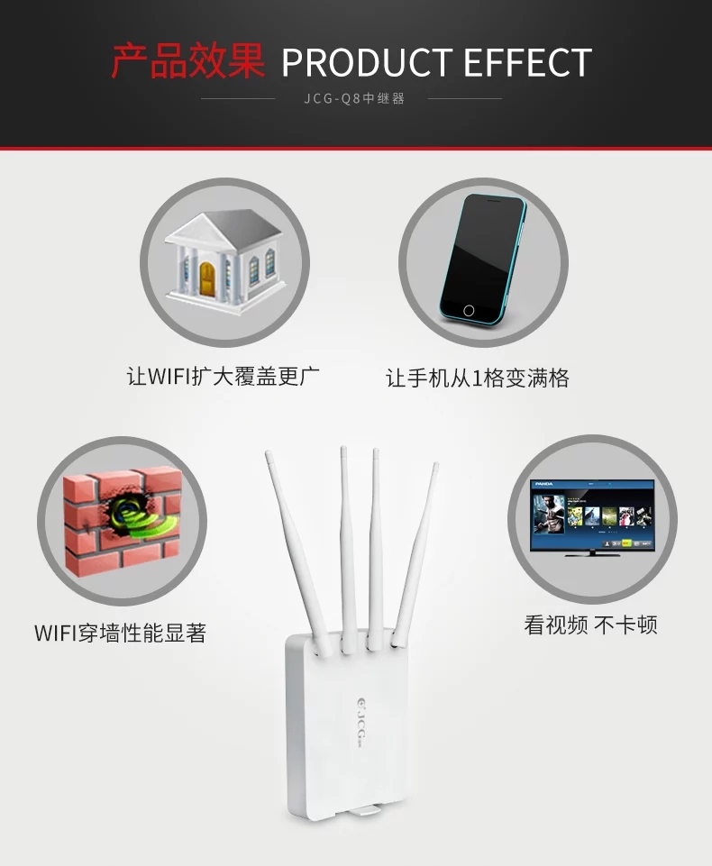 JCG无线wifi增强器家用穿墙大功率信号放大中继桥接路由无线转有线网络扩展加强扩大接收器wife发射网线网口商品详情图