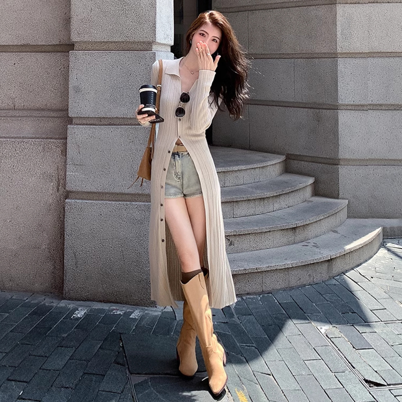 Pole Collar Mid-Length Knitted Cardigan for Women 2025 Slim Fit Elegant Over-The-Knee Coat Cover-Up Sun Protection Air-Conditioning Clothing