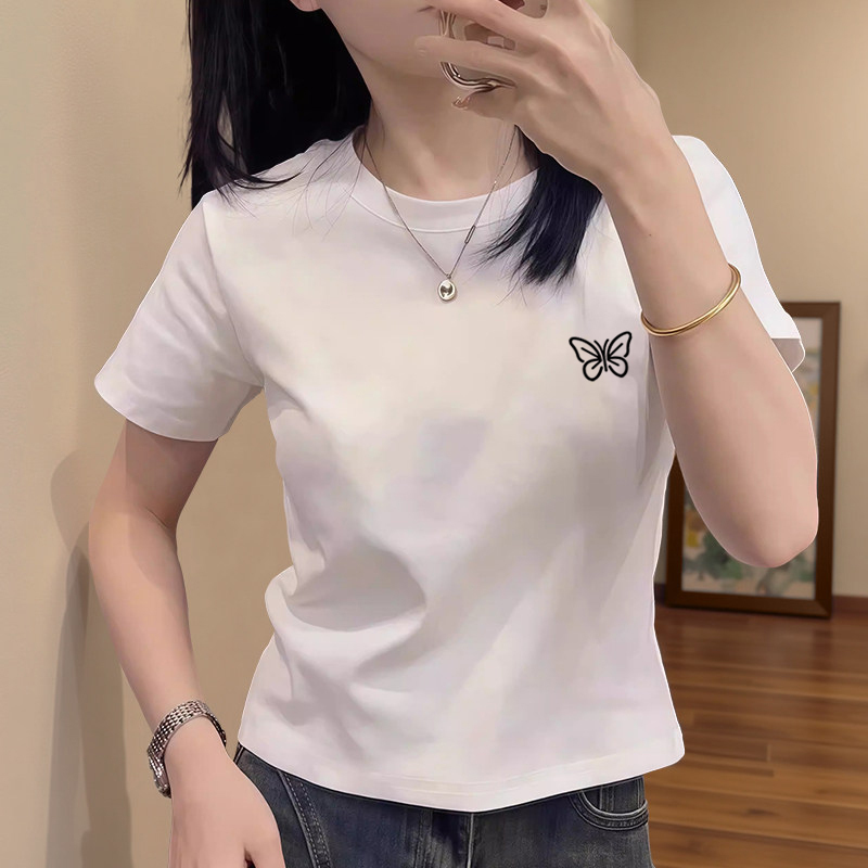【Shunqimeng】White Short-Sleeve T-Shirt for Women, Summer 2026 New Style, Pure Cotton, Regular Shoulder, Petite Size, Short Top
