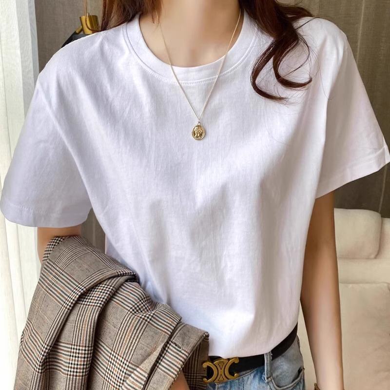 【Shunqimeng】White Short-Sleeve T-Shirt for Women, 2026 New Summer High-End Pure Cotton Loose Fit Top with Regular Shoulders