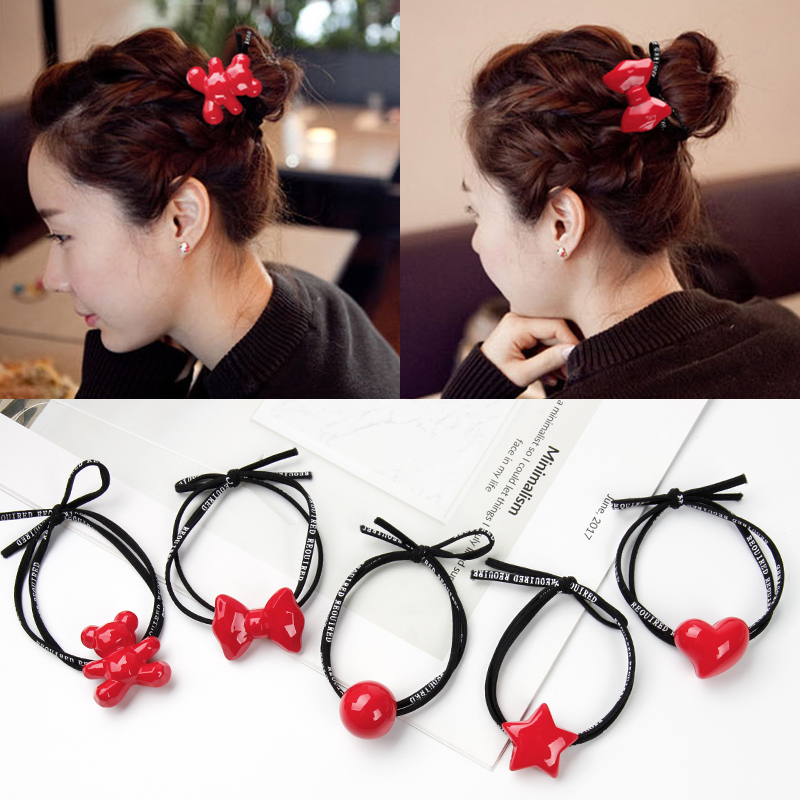Korean net red simple ins female tied hair Cute bear love bow tie head ponytail rubber band hair rope headdress