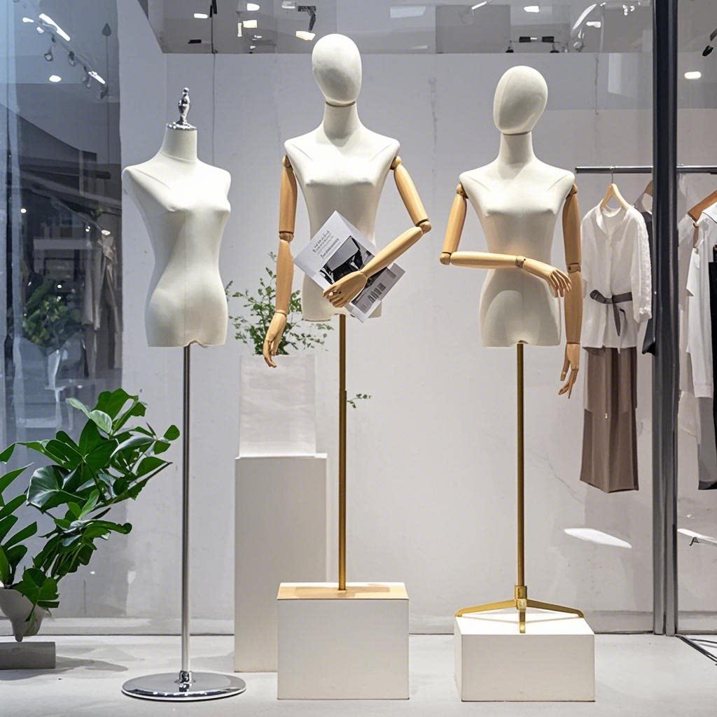 衣料品店用マネキン、婦人服のショーウィンドウディスプレイ、半身マネキン、洋服ラック、フェイクドール、ウェディングドレス用マネキンディスプレイラック
