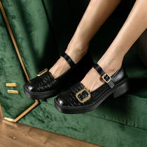 Black coarse heels shoes women 2021 spring new English style small leather shoes Joker vintage soft leather square head shoes