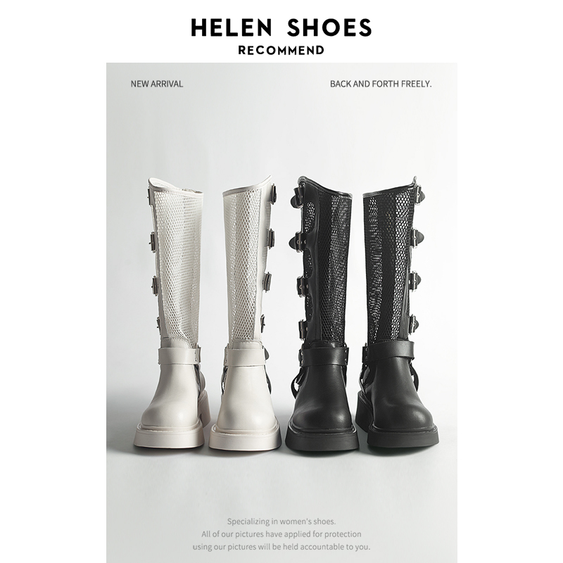 White Boots with Skirts, Women's Summer Thin Hollow Boots, Summer Genuine Leather Knight Boots, Thick-Soled Mesh Women's Boots White Boots with Skirts, Women's Summer Thin Hollow Boots, Summer Genuine Leather Knight Boots, Thick-Soled Mesh Women's Boots