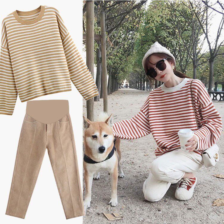 Maternity Autumn Suits Fashion New Net Infrared Wear Striped Sweaters Long Sleeve Shirts Trendy Mom Two-piece Spring and Autumn Styles